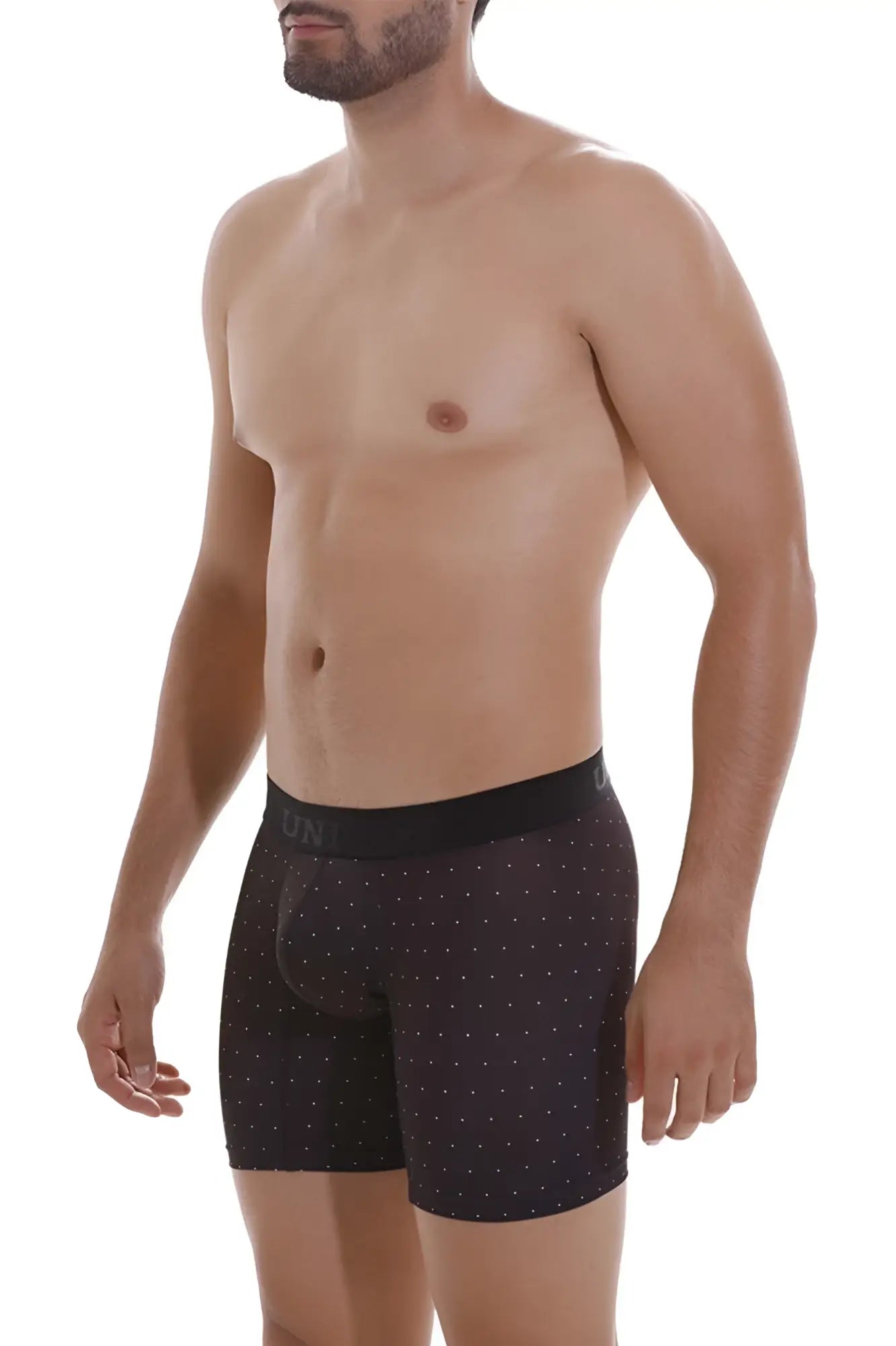 Unico astros black boxer briefs with subtle white dot pattern and matching elastic waistband for comfortable wear