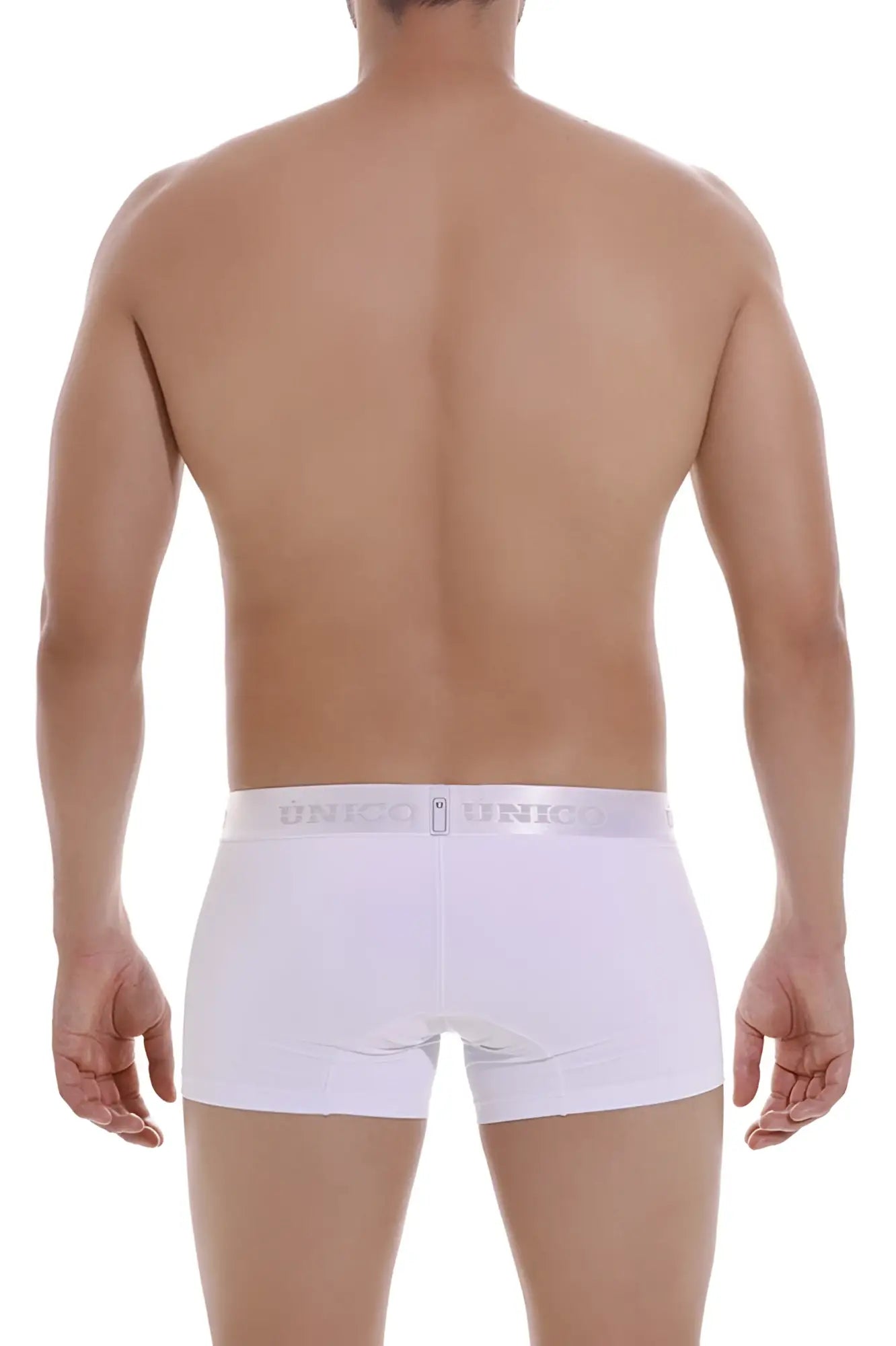 White unico mens briefs with a subtle elastic waistband featuring the brand logo in cristalino a22 trunks color 00-white