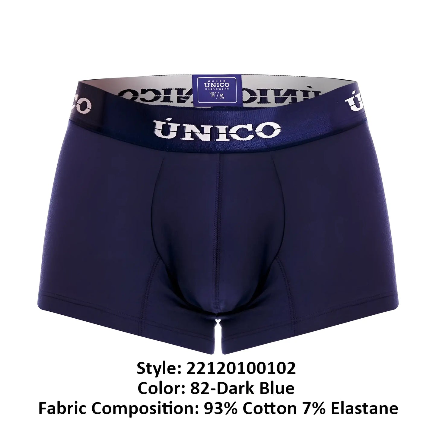 Dark blue unico 22120100102 profundo a22 men’s boxer briefs with matching elastic waistband and white logo