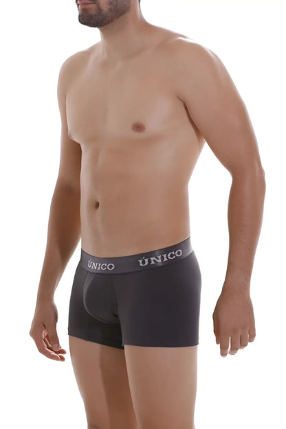 Black unico boxer briefs with gray waistband and white brand lettering in dark gray color for comfortable wear