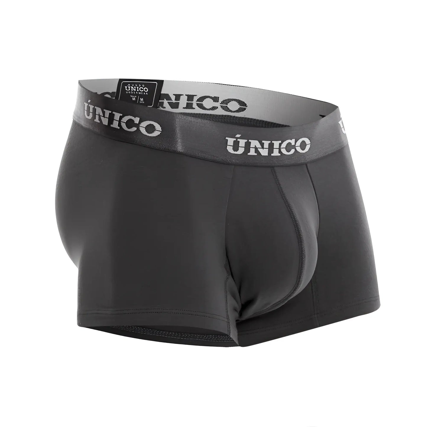 Black unico men’s boxer briefs with gray waistband featuring white unico branding in dark gray trunks