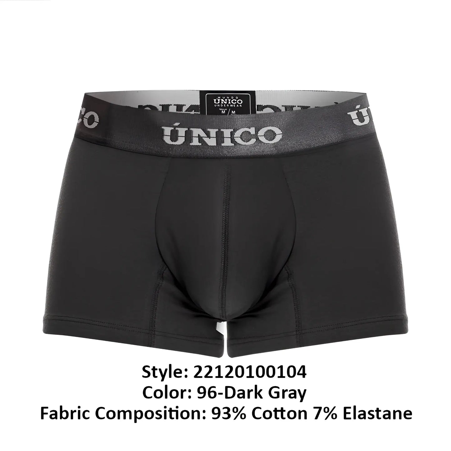 Black unico men’s boxer briefs with gray waistband featuring brand name in white lettering model 22120100104 asfalto a22 trunks dark gray