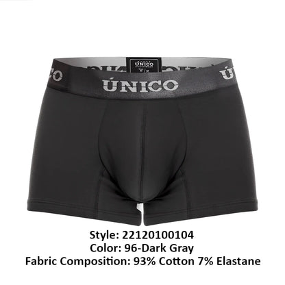 Black unico men’s boxer briefs with gray waistband featuring brand name in white lettering model 22120100104 asfalto a22 trunks dark gray