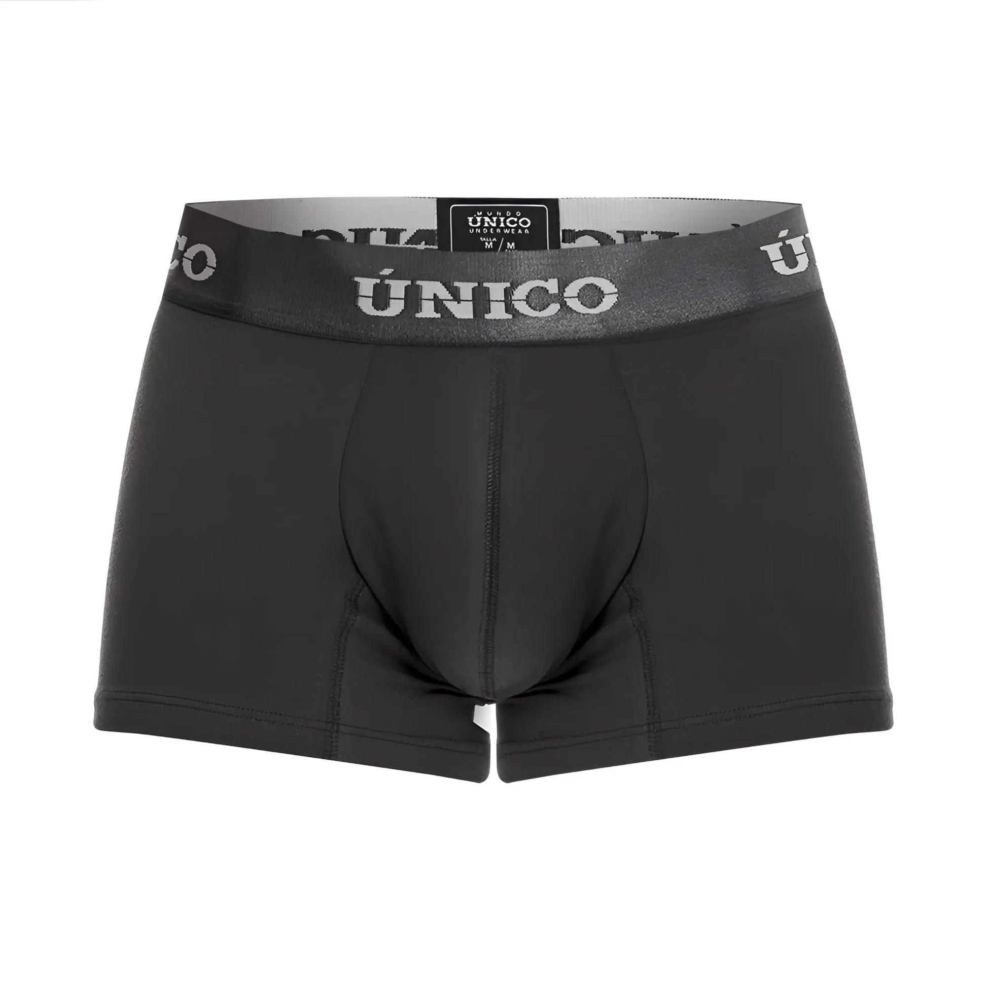 Black men’s trunks in dark gray with a gray waistband featuring the único brand name in white lettering