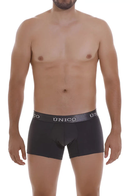 Black briefs with gray waistband featuring unico brand name in white dark gray trunks asfalto A22