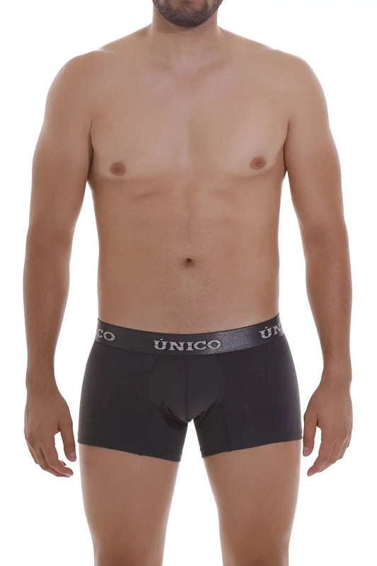 Black briefs with gray waistband featuring unico brand name in white dark gray trunks asfalto A22