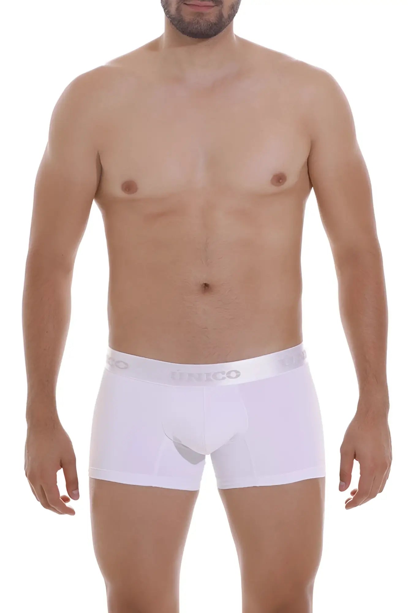 White unico 22120100105 cristalino m22 trunks with subtle elastic waistband and gray brand name lettering
