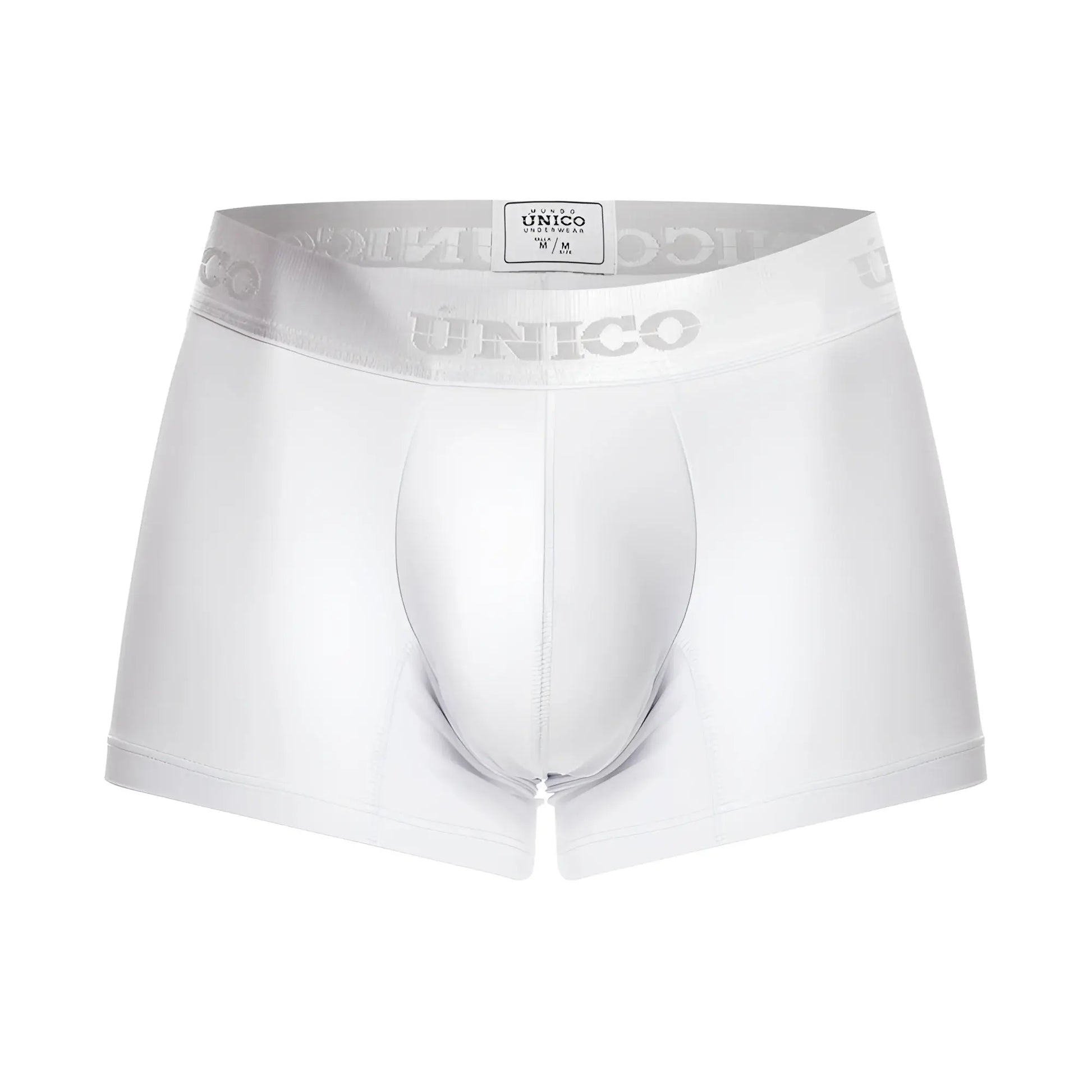 White unico men’s boxer briefs with silver logo trim on waistband in cristalino m22 trunks color 00-white