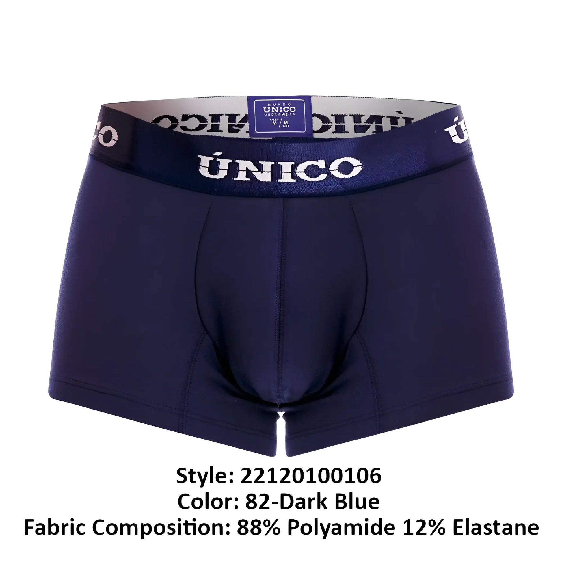 Dark blue unico men’s boxer briefs with matching elastic waistband featuring white unico brand lettering
