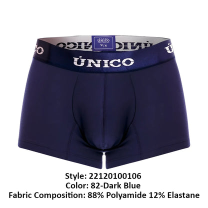 Dark blue unico men’s boxer briefs with matching elastic waistband featuring white unico brand lettering
