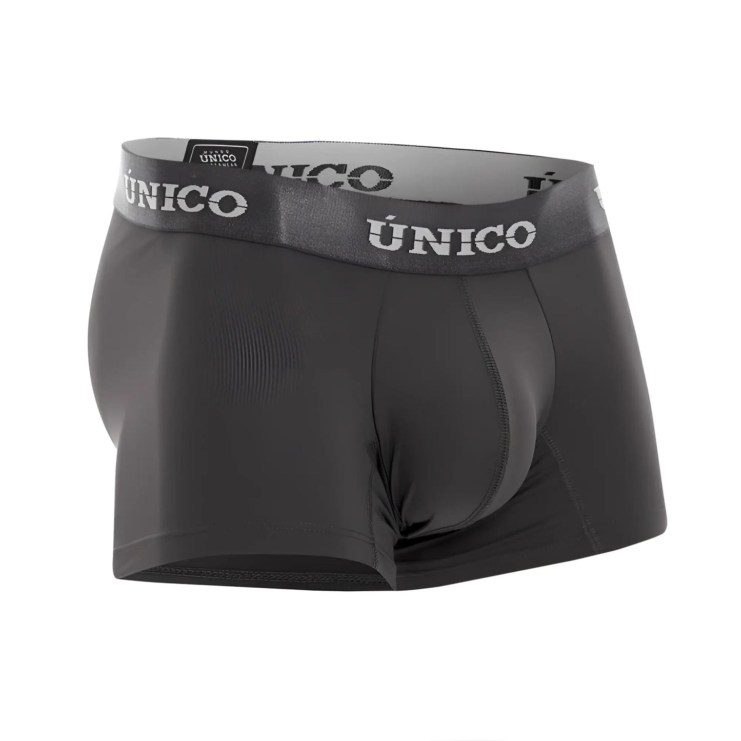 Black unico men’s boxer briefs in dark gray with gray waistband featuring unico brand name in white lettering