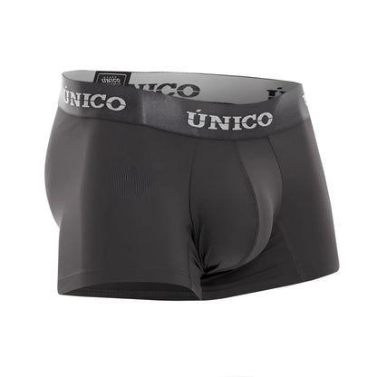 Black unico men’s boxer briefs in dark gray with gray waistband featuring unico brand name in white lettering