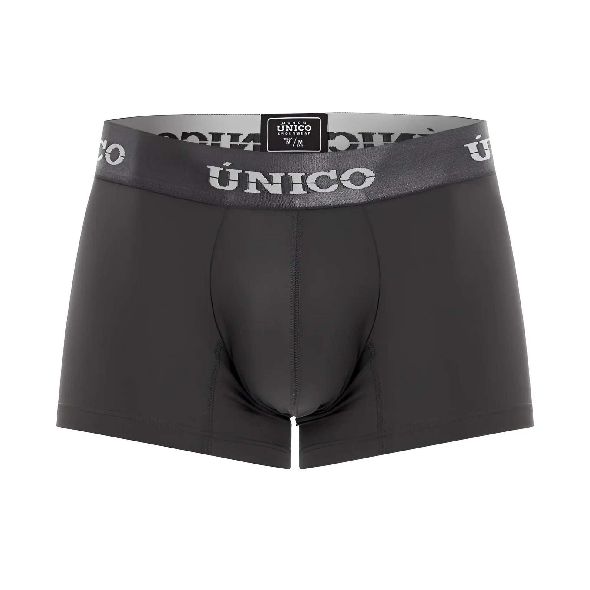 Black unico men’s boxer briefs with gray waistband and white brand name in color 96 dark gray trunks style asfalto m22