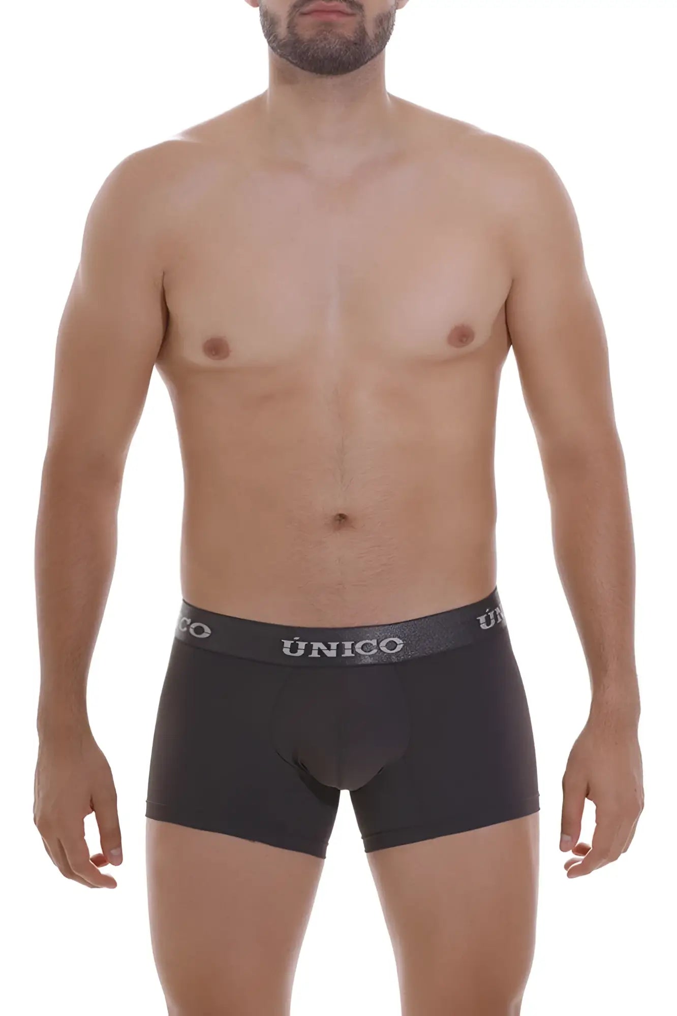 Black unico men’s boxer briefs with gray elastic waistband and white brand name in dark gray color
