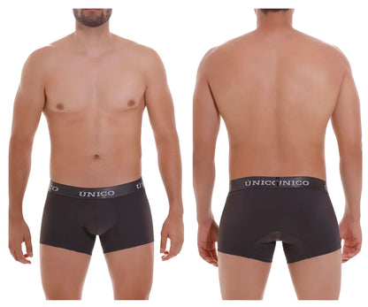 Black unico men’s boxer briefs with gray elastic waistband and white brand name in dark gray color model 96-asfalto