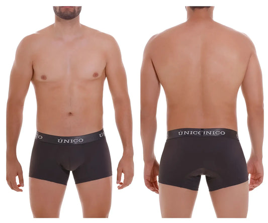 Black unico men’s boxer briefs with gray elastic waistband and white brand name in dark gray color model 96-asfalto