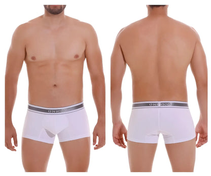 White unico 22120100109 lustre a22 trunks with gray elastic waistband and black brand name lettering in front view