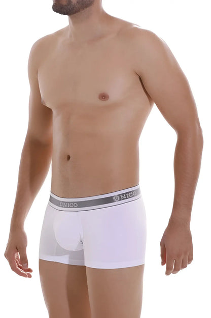 White unico boxer briefs with a gray waistband featuring the unico logo in lustre a22 trunks color 00-white