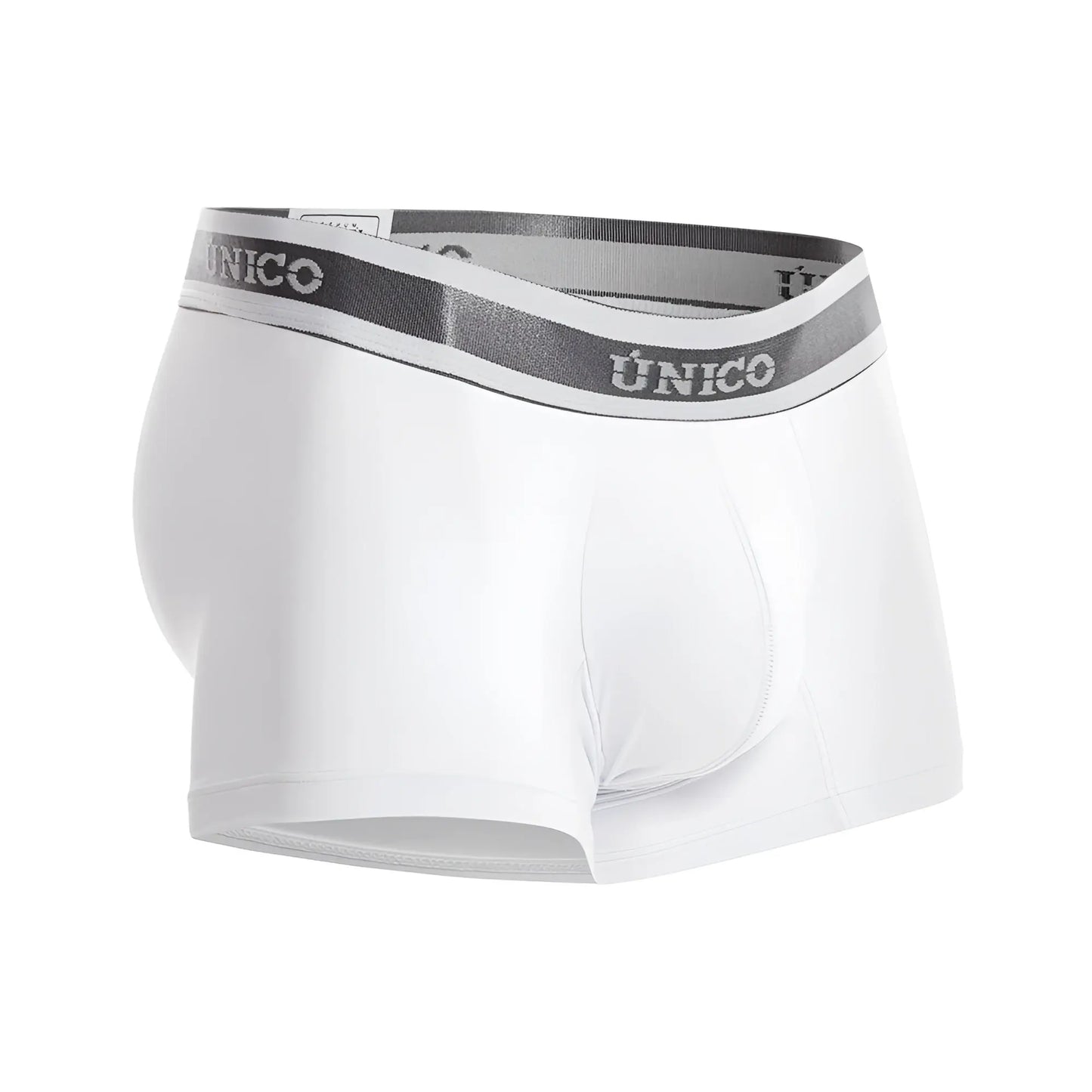 White unico 22120100109 lustre a22 men’s briefs with gray elastic waistband and silver brand name lettering