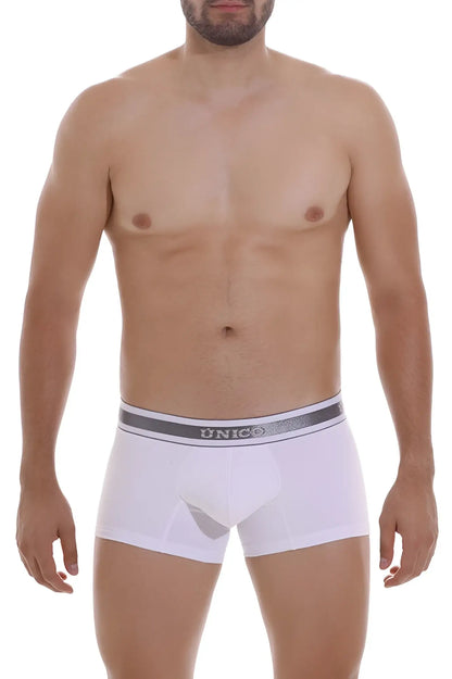 White unico 22120100109 lustre a22 men’s briefs with gray elastic waistband and silver brand lettering in white color