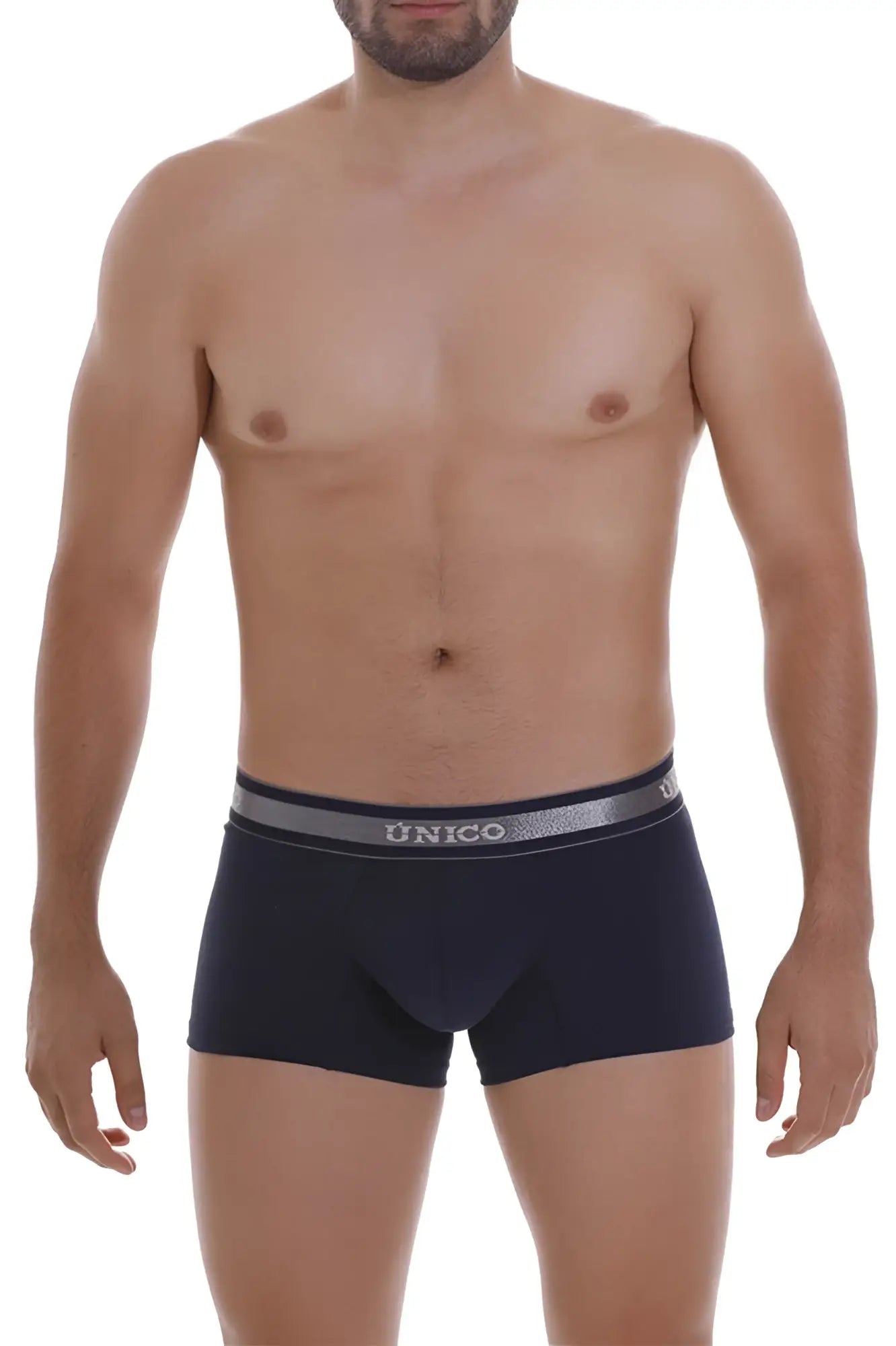 Black unico boxer briefs with gray elastic waistband and silver unico branding in color 82 dark blue model cardenal a22 trunks