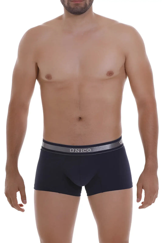Black unico boxer briefs with gray elastic waistband and silver unico branding in color 82 dark blue model cardenal a22 trunks