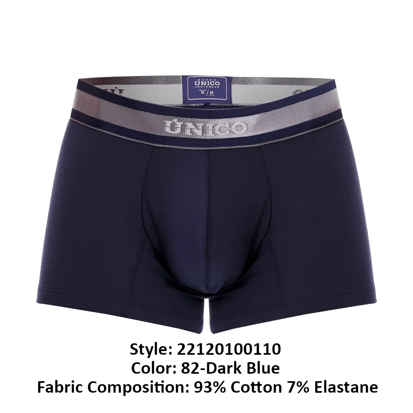 Dark blue unico men’s boxer briefs with silver and navy waistband featuring the brand logo in front view
