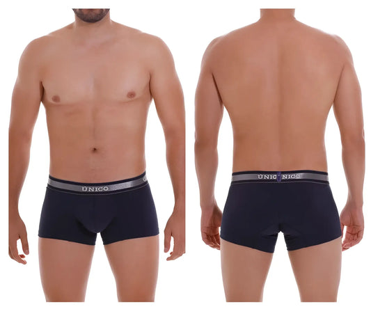 Navy blue unico brand briefs with silver gray elastic waistband featuring unico logo, model 22120100110 cardenal A22 trunks color 82