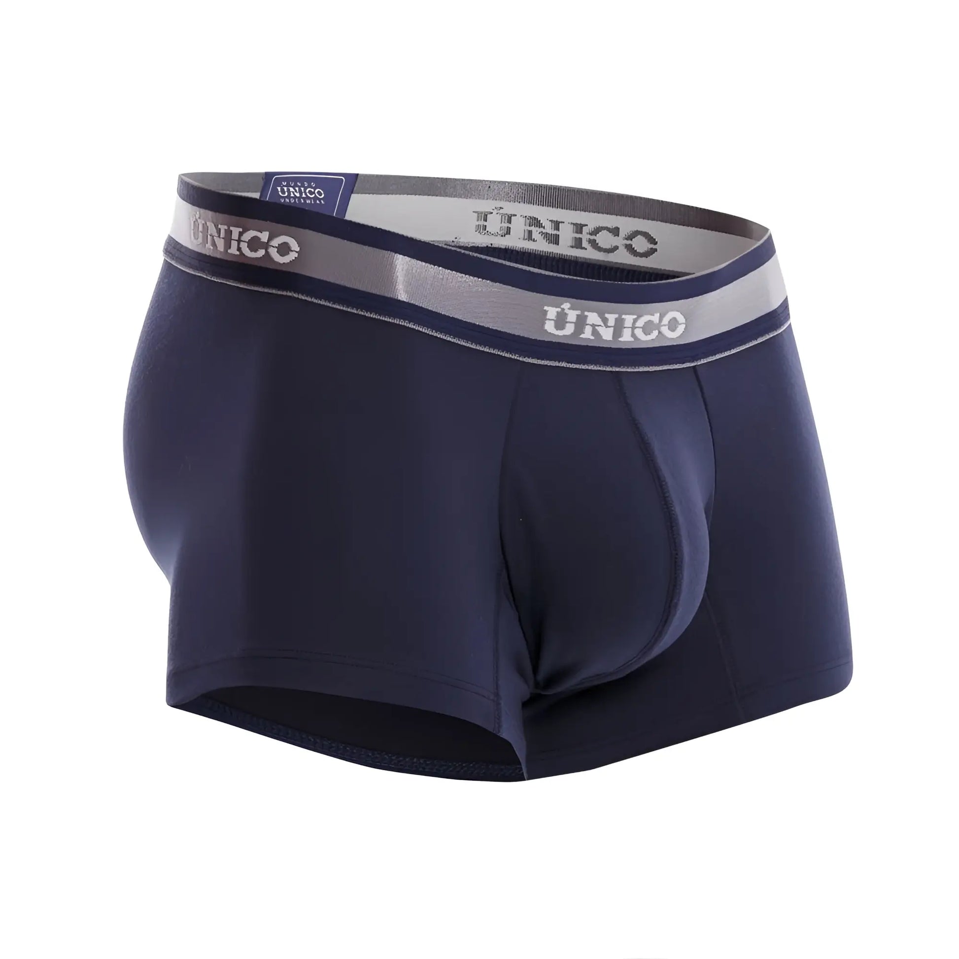 Navy blue unico men’s boxer briefs with gray and white elastic waistband featuring brand logo color 82 dark blue