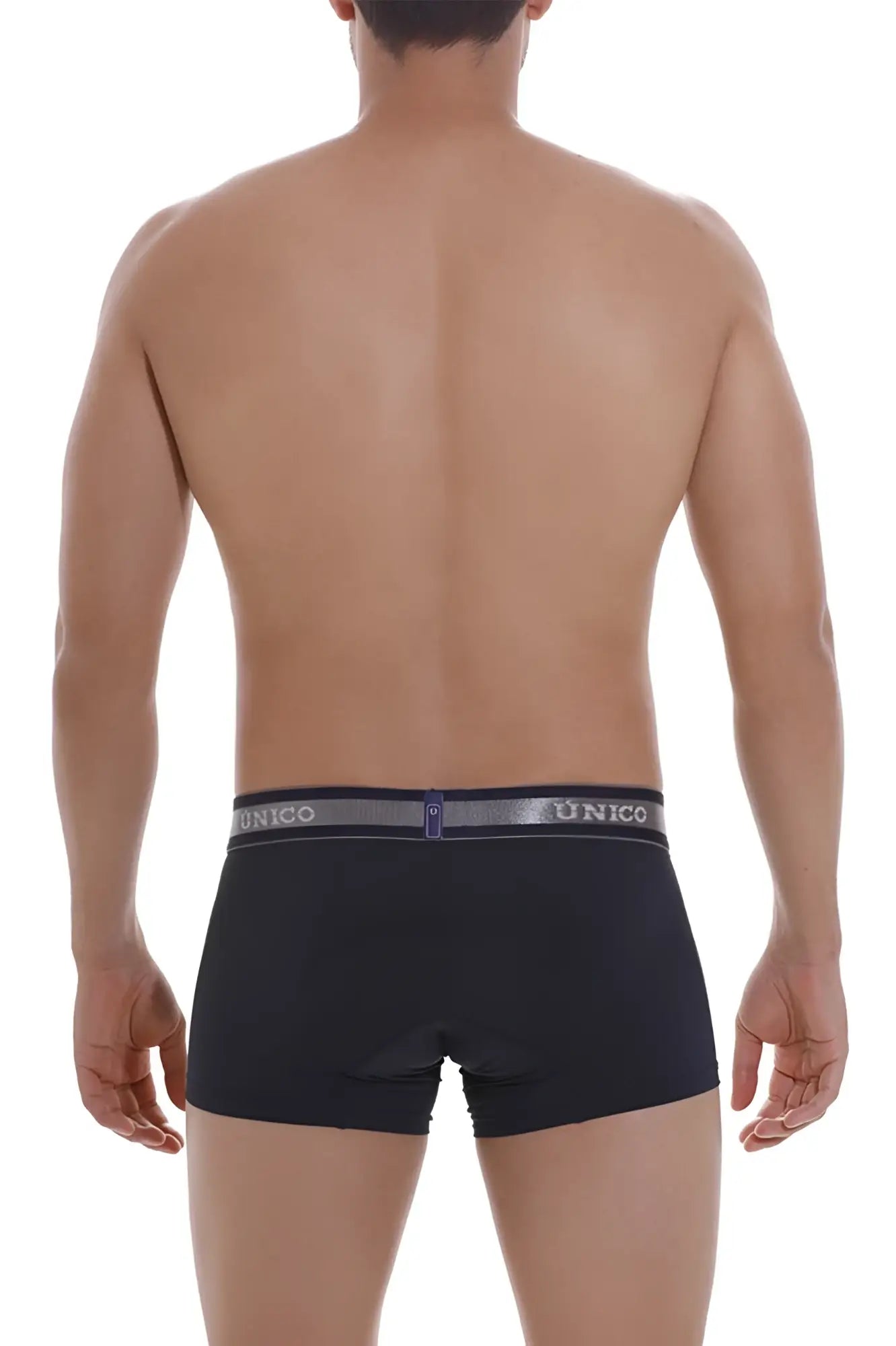 Black unico boxer briefs with gray waistband featuring brand name and logo in dark blue color model cardenal m22 trunks