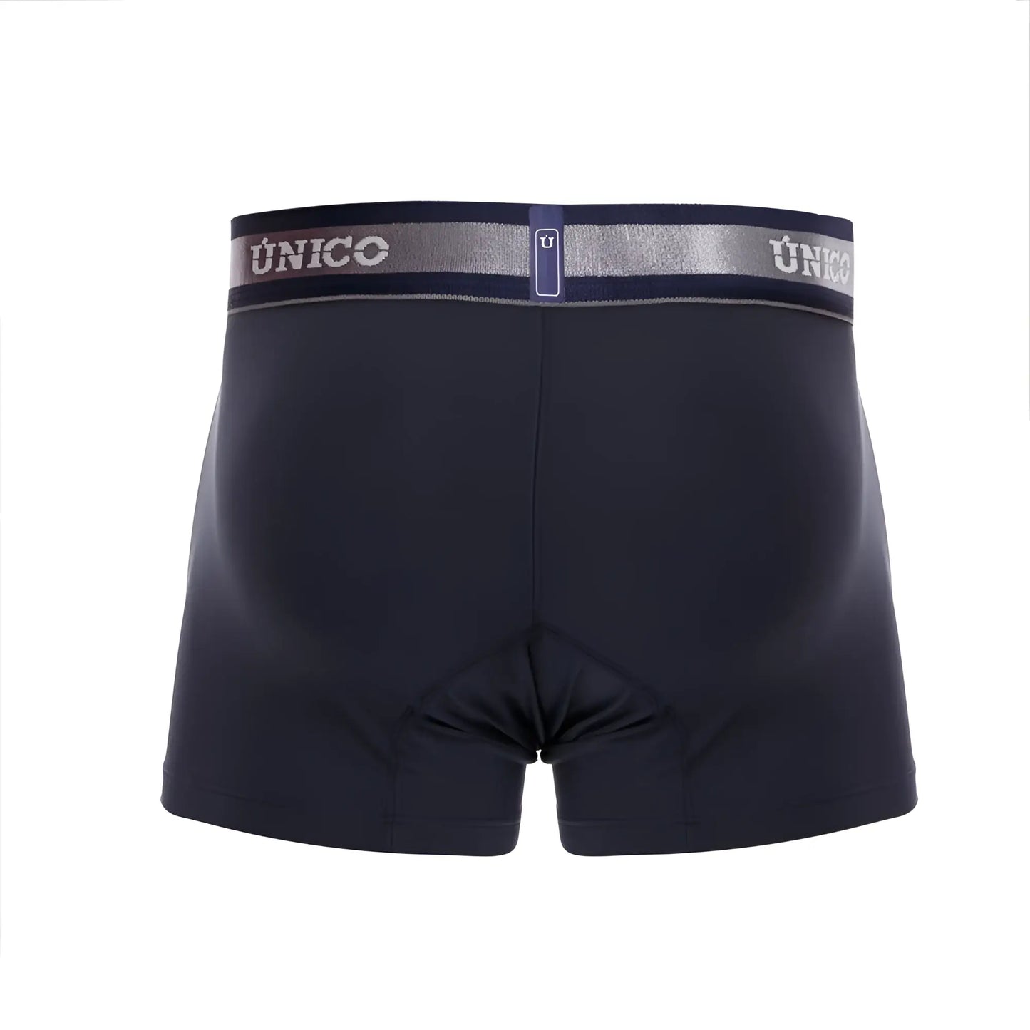 Black unico boxer briefs with silver and navy waistband featuring the brand logo in dark blue color trunk style