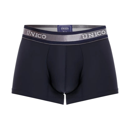 Black unico men’s boxer briefs with silver and navy waistband and white brand name in color 82-dark blue
