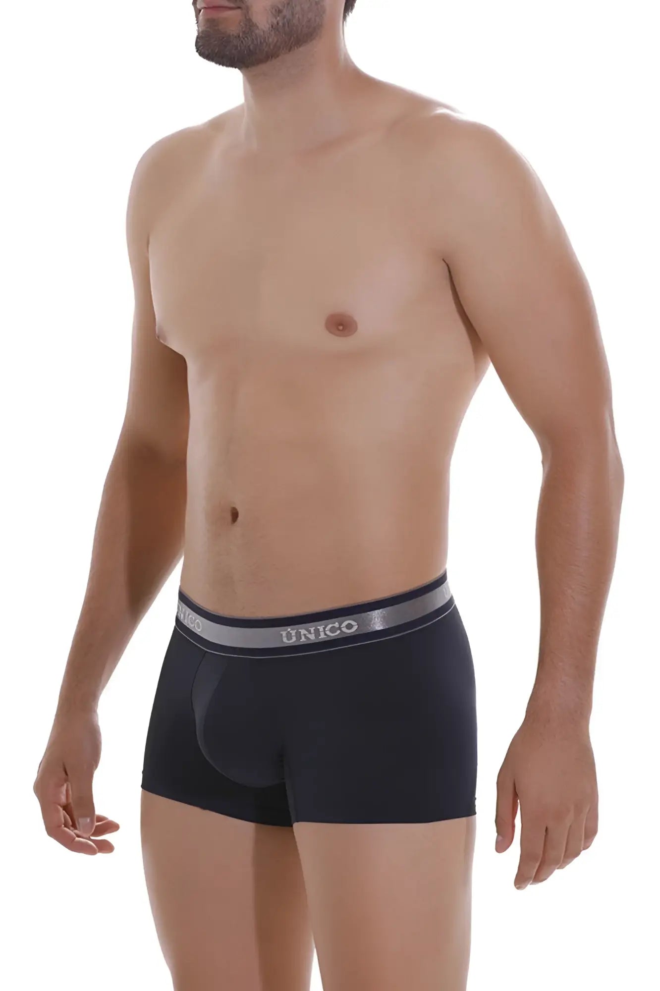Black unico men’s boxer briefs with a gray elastic waistband and white brand name in color 82-dark blue