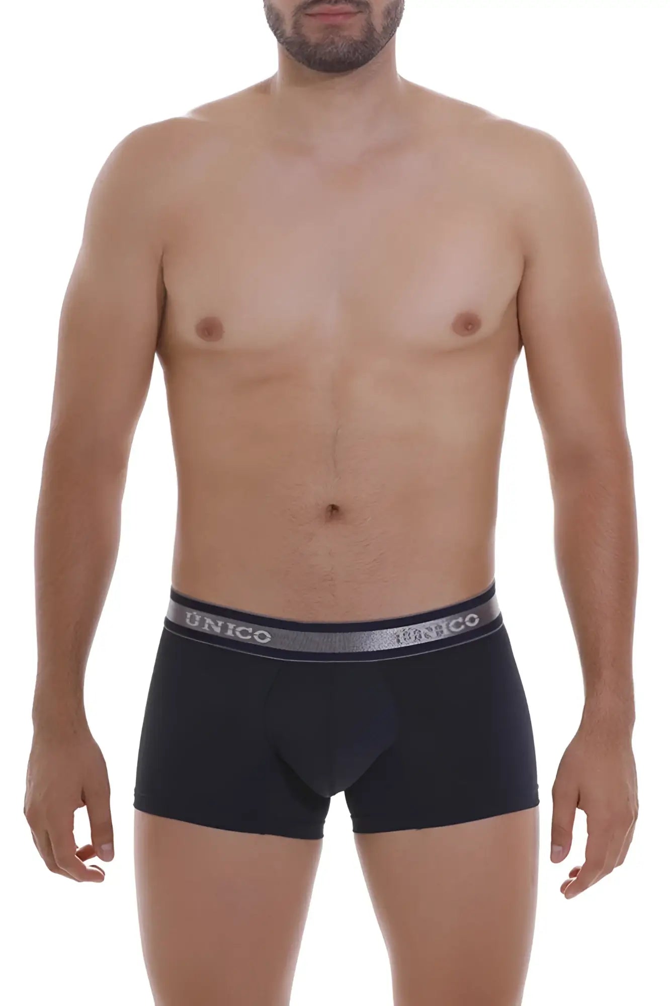 Black unico men’s briefs with gray elastic waistband and white brand name lettering in dark blue color