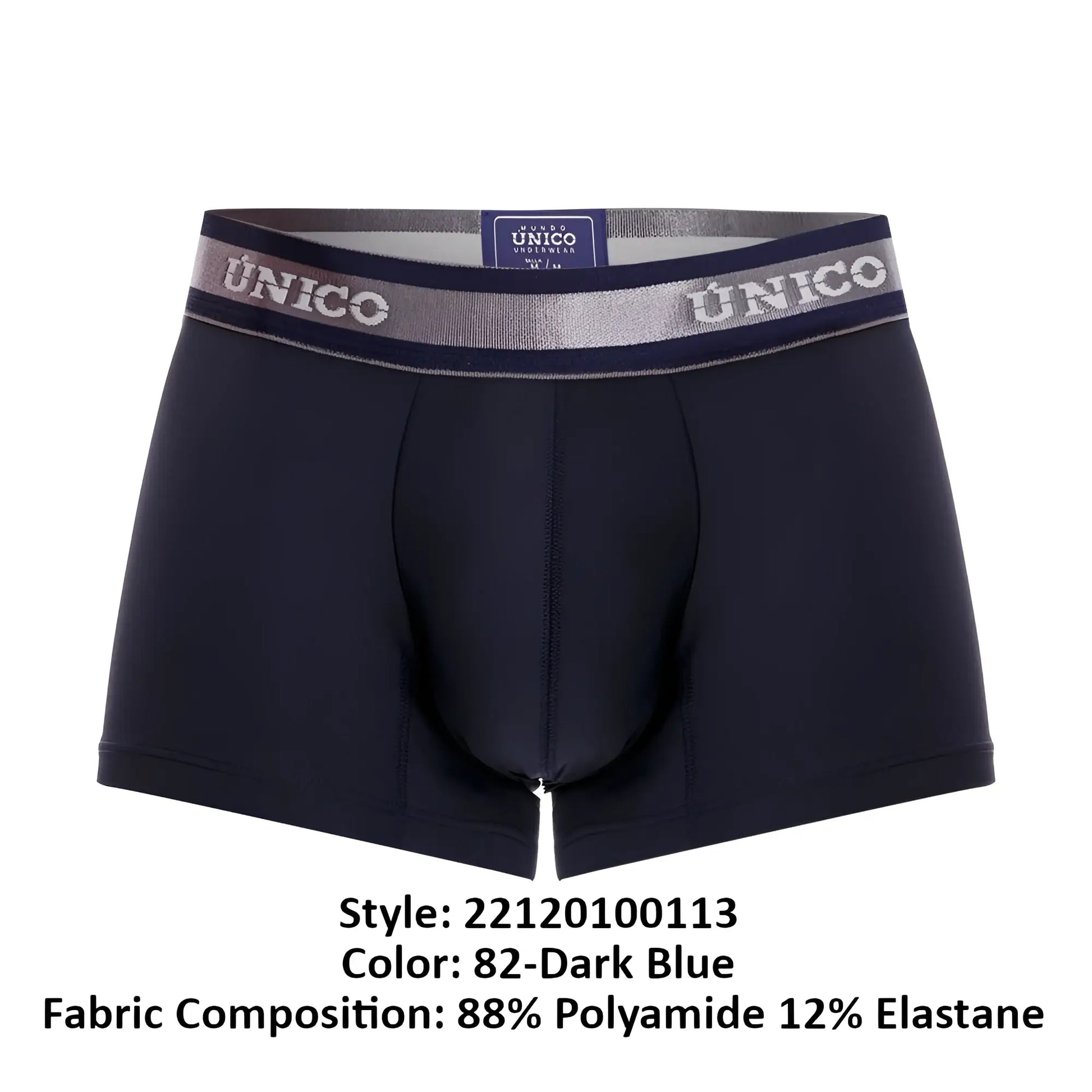 Dark blue unico 22120100113 cardenal m22 men’s boxer briefs with silver and navy waistband featuring white unico lettering