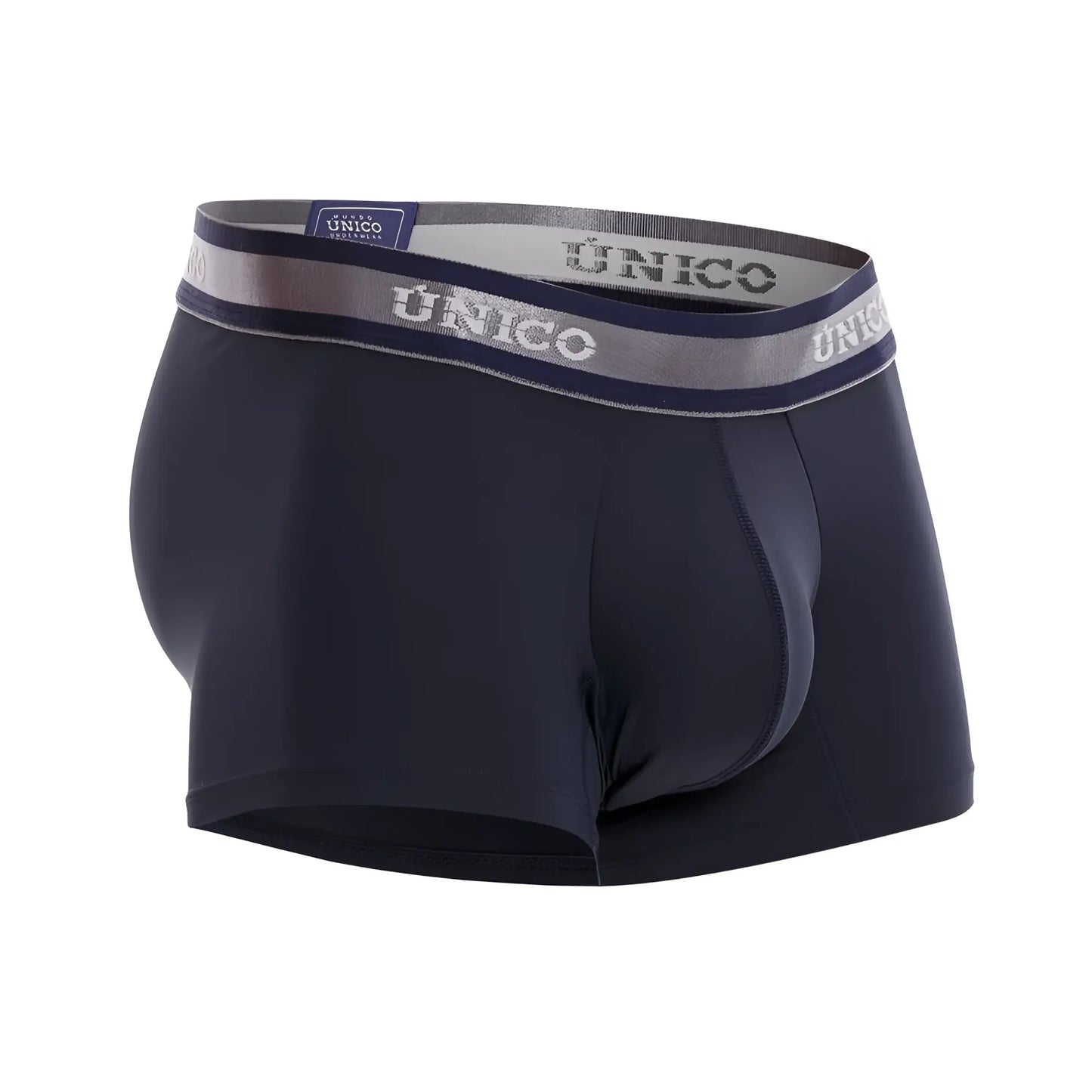 Dark navy blue unico men’s boxer briefs with gray and white branded waistband in color 82-dark blue