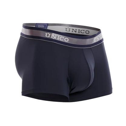 Dark navy blue unico men’s boxer briefs with gray and white branded waistband in color 82-dark blue