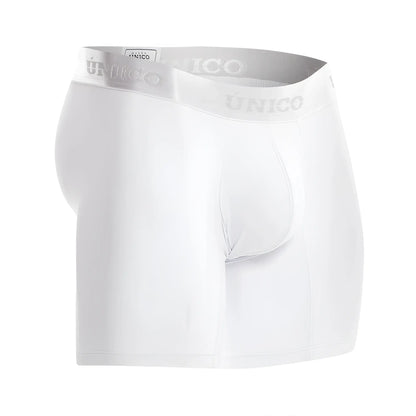 White unico men’s boxer briefs with a subtle gray waistband featuring the brand name model cristallino a22 color white