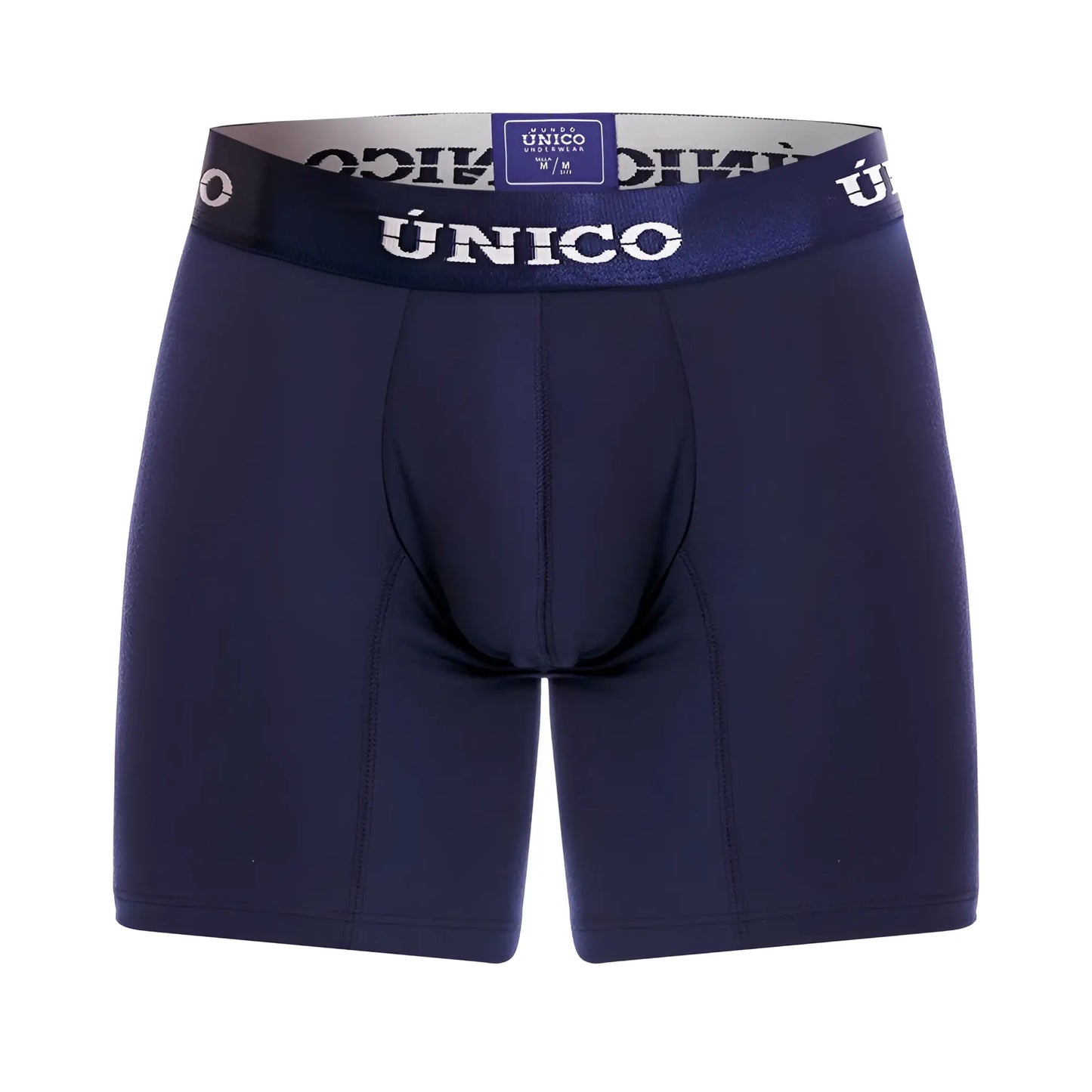 Dark navy blue unico 22120100202 profundo a22 boxer briefs with matching elastic waistband featuring blanco lettering