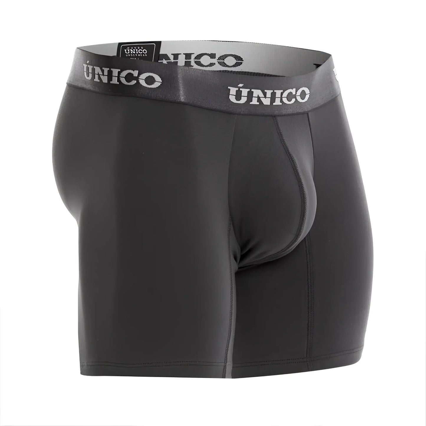 Black unico men’s boxer briefs in dark gray with gray waistband and unico logo for comfortable everyday wear