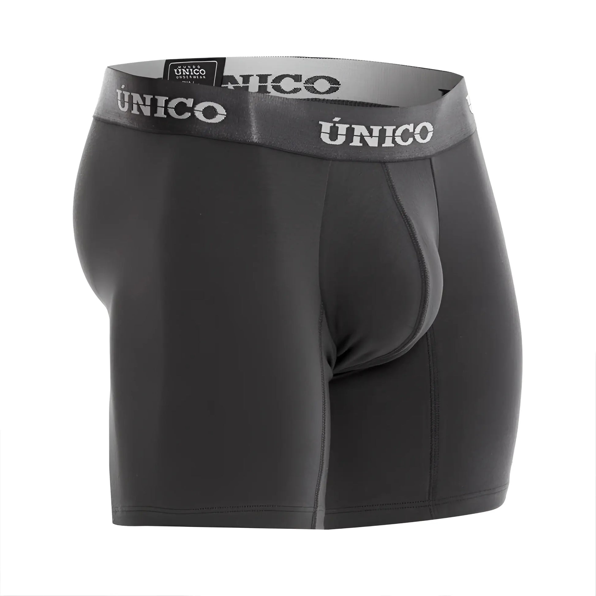 Black unico men’s boxer briefs in dark gray with gray waistband and unico logo for comfortable everyday wear