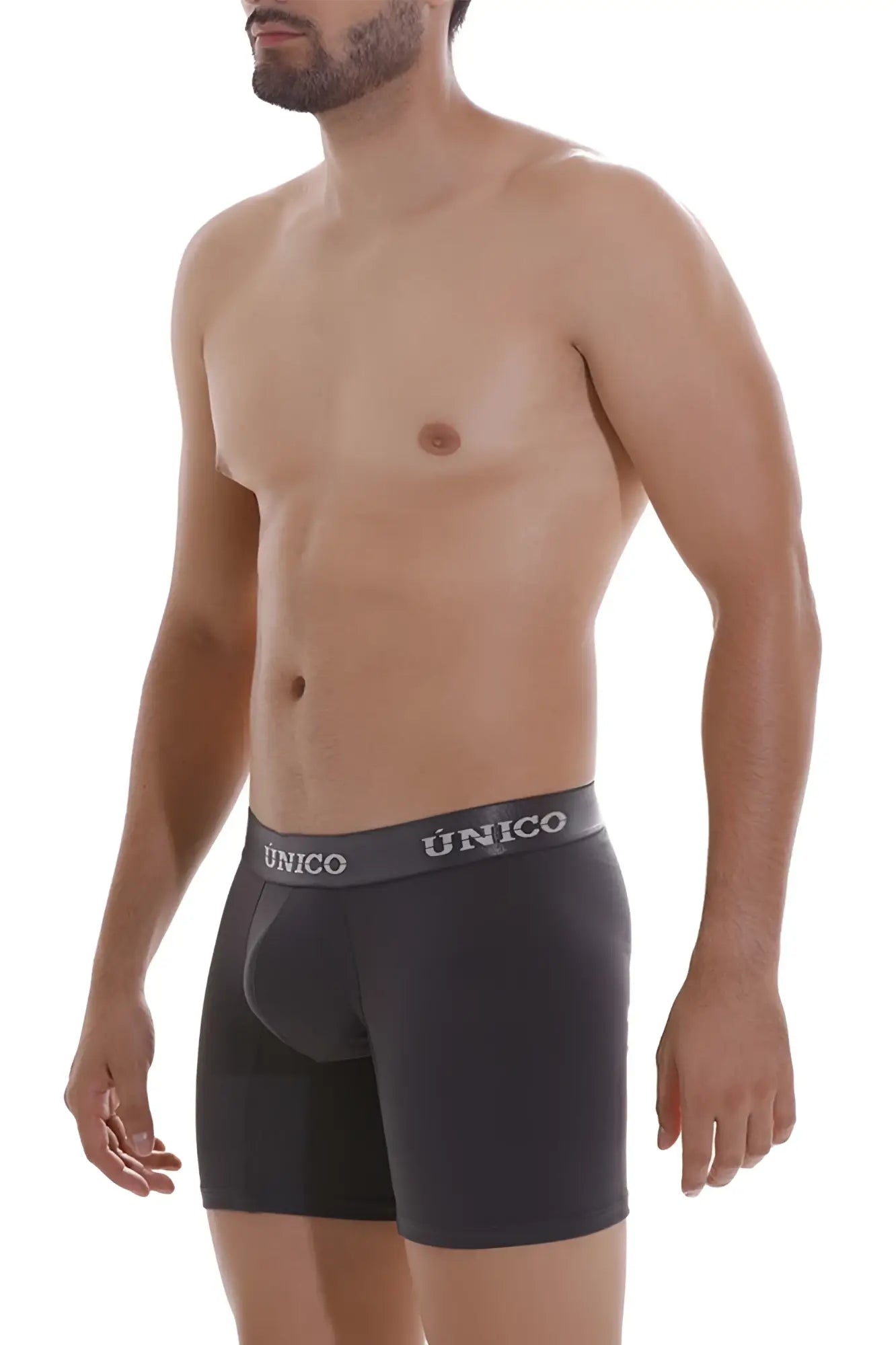 Black unico mens boxer briefs with gray waistband featuring brand name in white lettering color dark gray