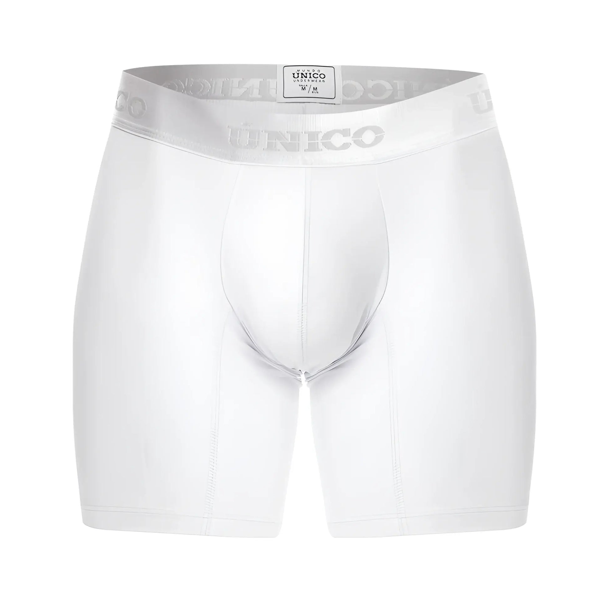 White unico men’s boxer briefs with silver elastic waistband featuring brand name in color 00-white model cristalino m22