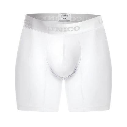 White unico men’s boxer briefs with silver elastic waistband featuring brand name in color 00-white model cristalino m22