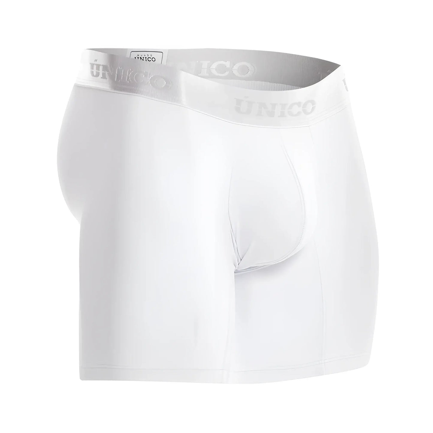 White unico men’s boxer briefs with subtle gray waistband featuring brand name for comfortable everyday wear