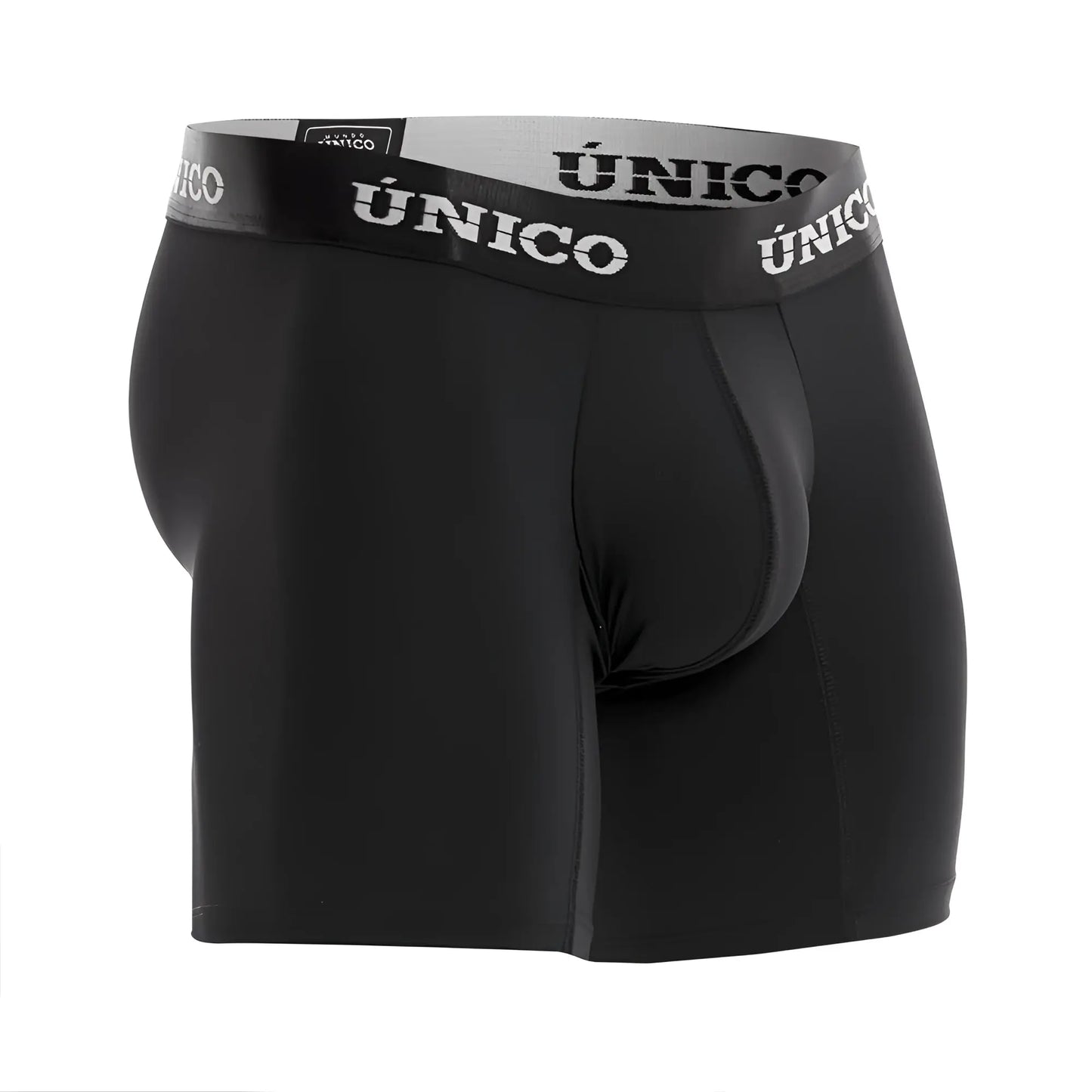 Black unico men’s boxer briefs with gray waistband featuring unico branding in white lettering color 99-black