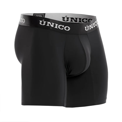 Black unico men’s boxer briefs with gray waistband featuring unico branding in white lettering color 99-black