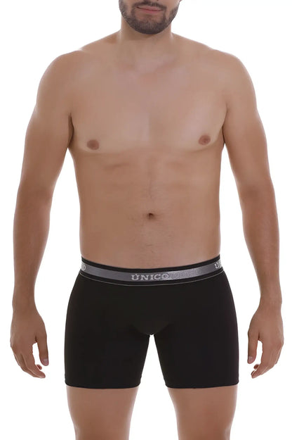 Black unico boxer briefs with gray elastic waistband and white brand name lettering, model 22120100211 nebuloso a22