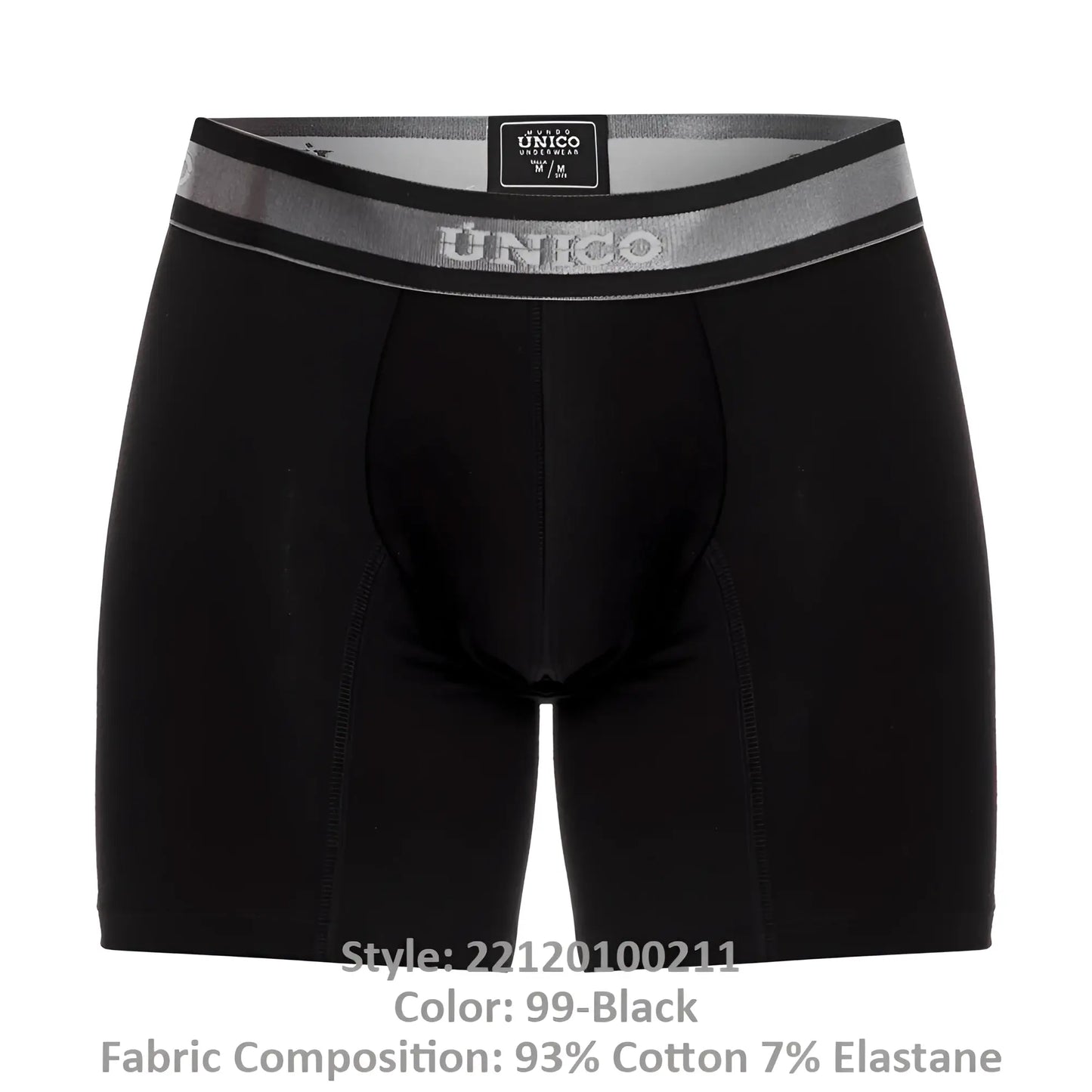 Black unico 22120100211 nebuloso a22 boxer briefs with silver waistband and subtle branding in front view