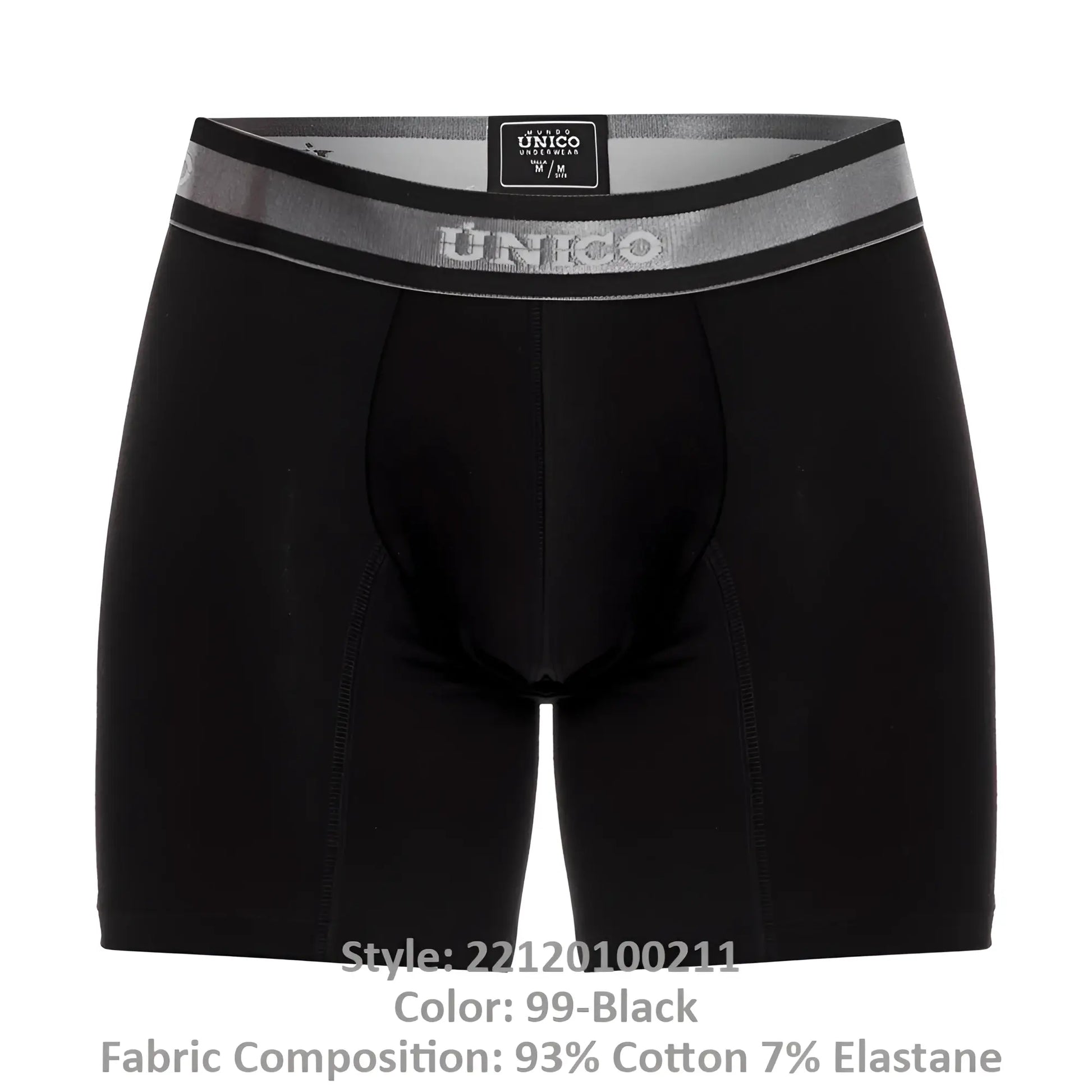 Black unico 22120100211 nebuloso a22 boxer briefs with silver waistband and subtle branding in front view